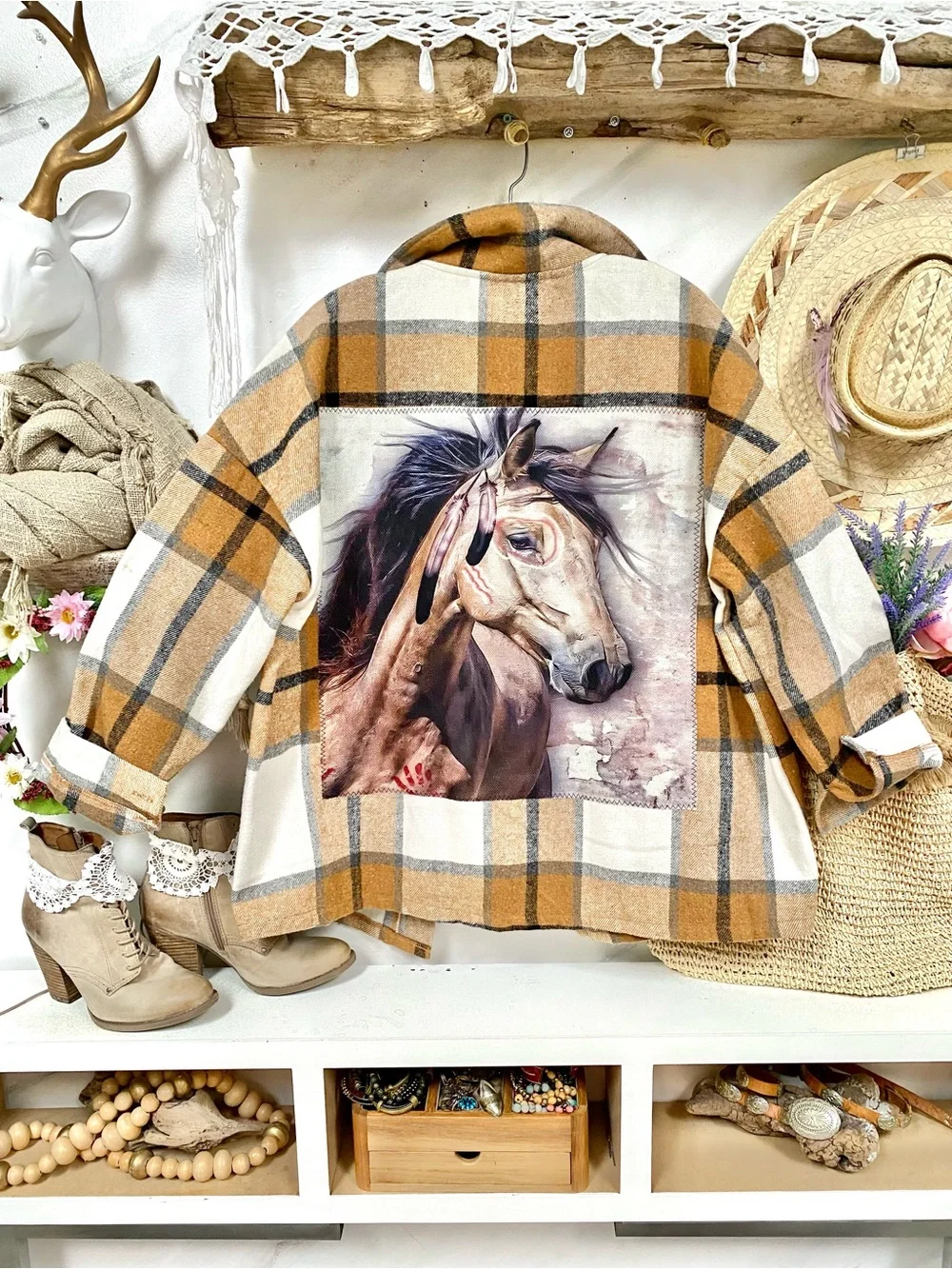 RARE Native horse upcycled boho shacket w southwestern cottagecore prairie vibe - Picture 2 of 12